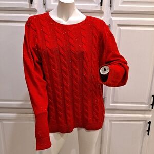 Talbots Vibrant Red Cable Cotton Blend Knit Sweater With Tan Black Speckles